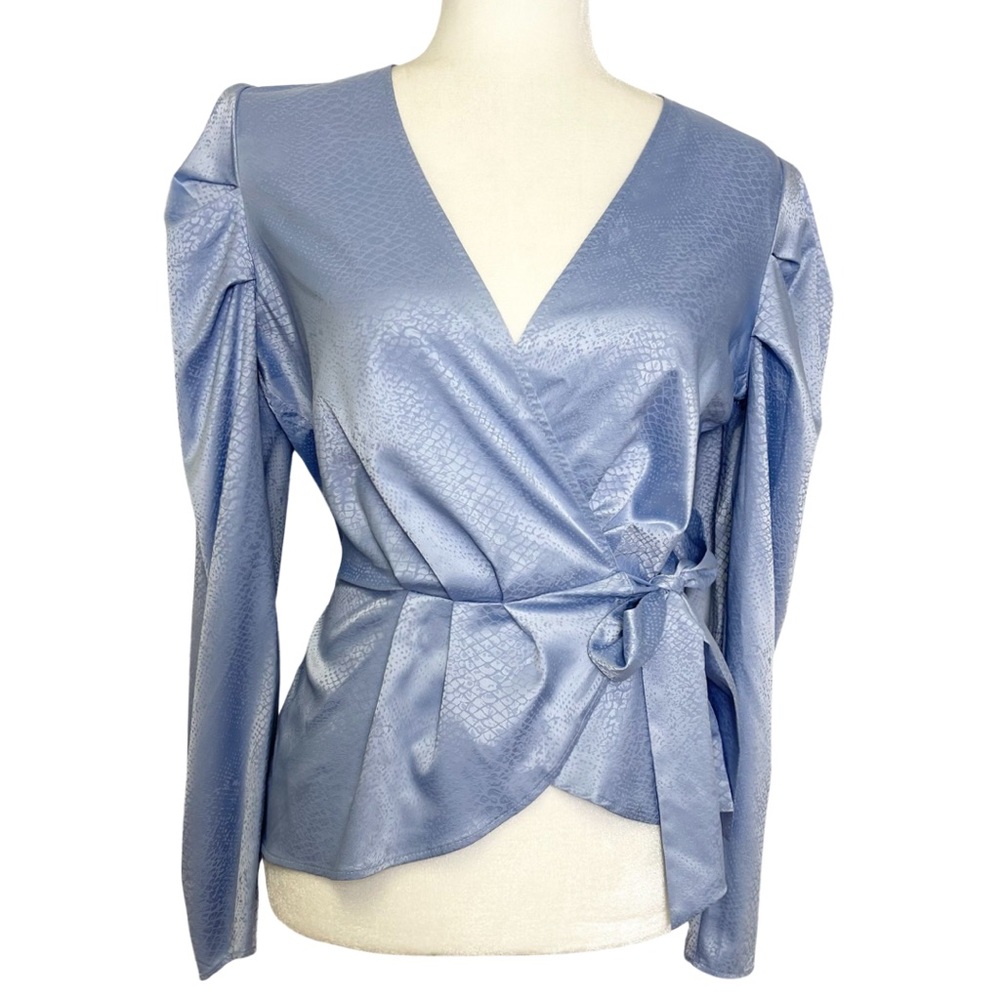 Express Blouse Peplum Pleated Satin Top Animal Print Blue Size Small